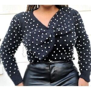 Bibi Sweater Womens S Black Pearl Stretch Elegant Party Event Glamour Whimsigoth